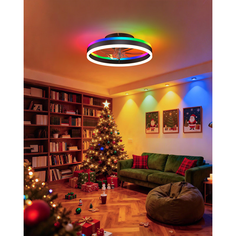 RGB Ceiling Fan with Lights, low profile ceiling fans with lights and remote, Flush Mount LED Fan Light, Modern Bladeless Fandelier for Bedroom Works with APP, 16IN Black