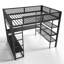 Grand lit mezzanine en métal avec tringle à vêtements et bureau avec tablettes de rangement, noir