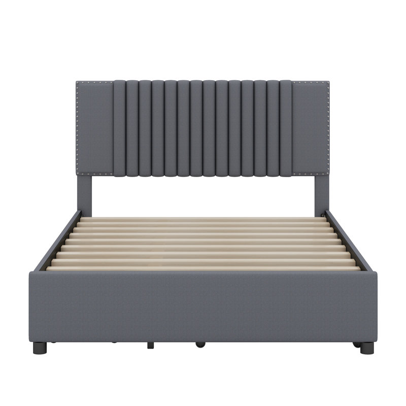 Upholstered Platform Bed with 2 Drawers and 1 Trundle, Classic Headboard Design, Gray, Full/Double