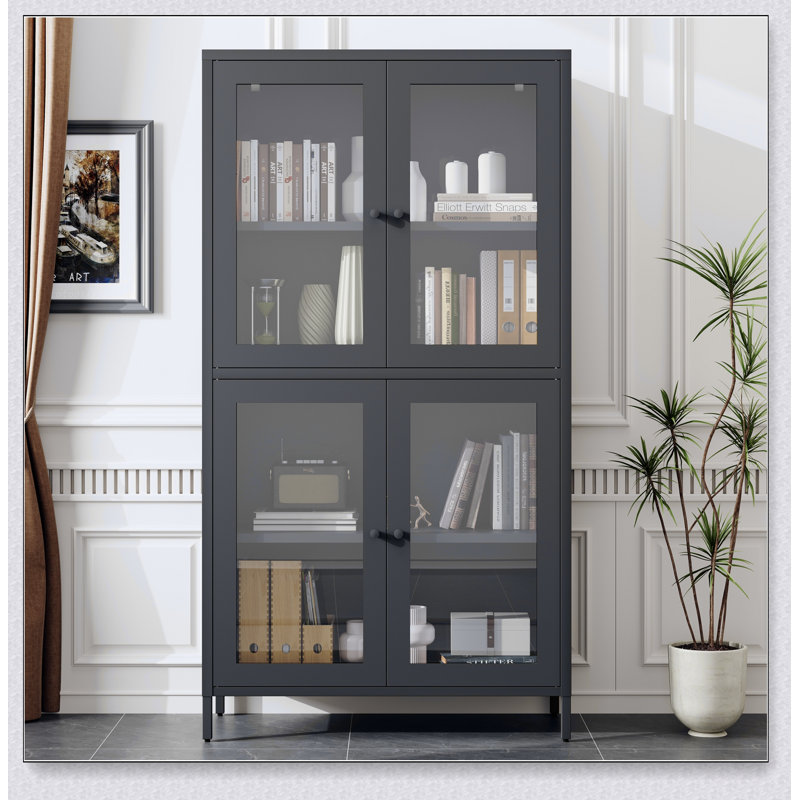 Armoire de rangement classique en métal avec 4 portes en verre et 4 tablettes réglables, parfaite pour la maison et le bureau