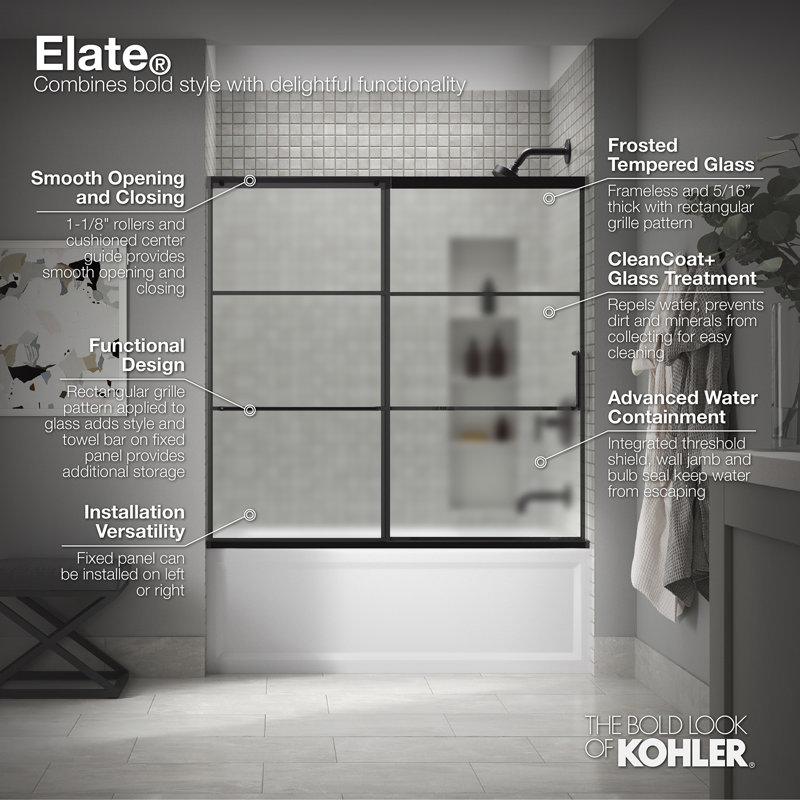 Sliding Shower Door, 75-1/2-In H X 68-1/4 - 71-5/8-In W, Frosted w/Rectangular Grid