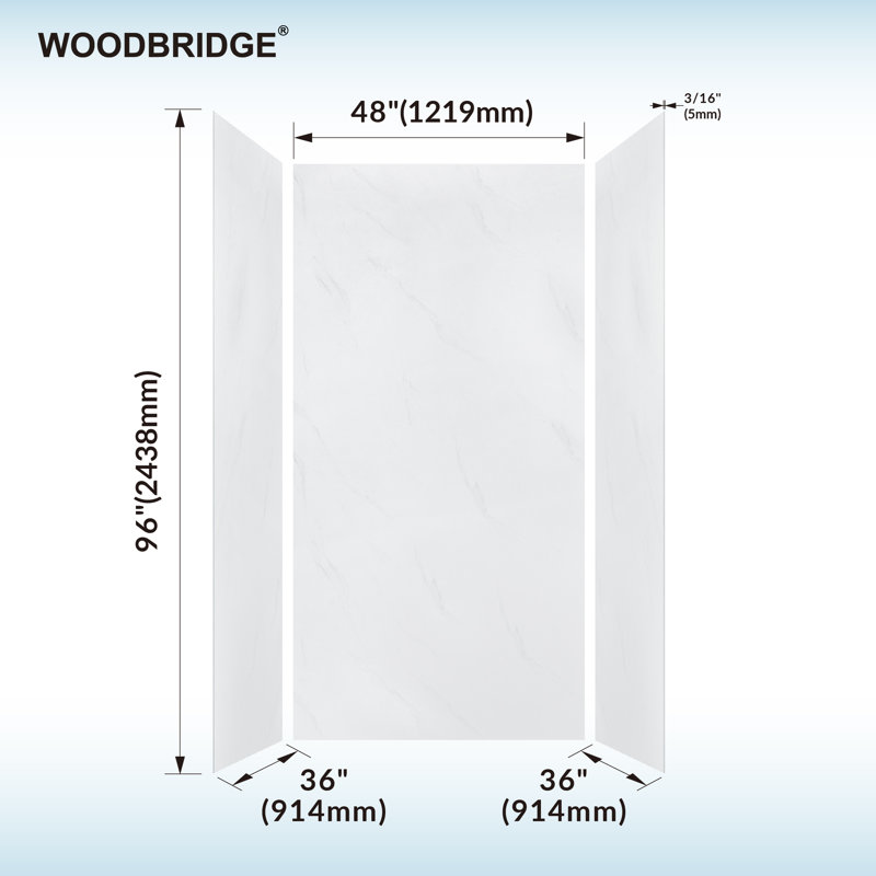 Ensemble de panneau de douche mural 3 pièces WOODBRIDGE en blanc de Carrare, à installation rapide et réglable.