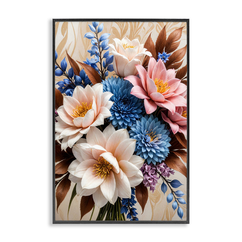 «Rose and Blue Mixed Bouquet», estampe numérique encadrée par Yuri Khrushch, Cadre noir, H 24 po x l 16 po