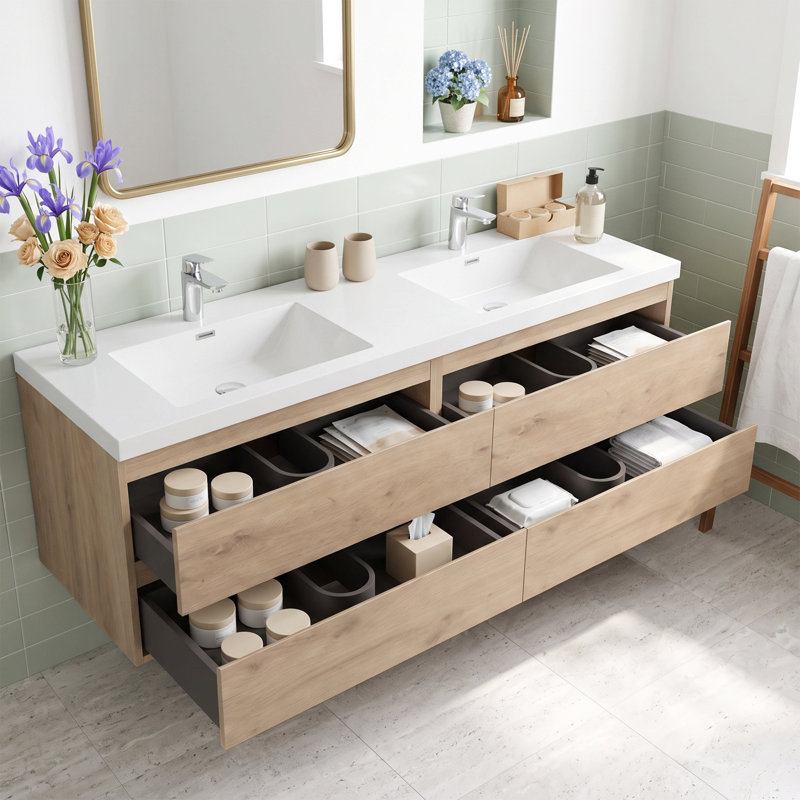 Meuble-lavabo mural de 183 cm (72 po) en chêne MFC avec dessus en résine blanche brute et carbonate de calcium, deux tiroirs coulissants en forme de U à fermeture douce, préassemblé