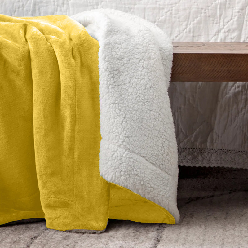 Reversible Soft Sherpa Fleece Fur Thick Dual Sided Blanket Throw, 150cm x 200cm, Yellow