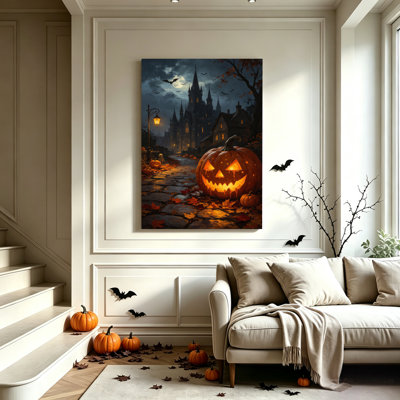 Art d'Halloween sur toile 24 po x 36 po, lanterne rougeoyante sur un chemin pavé, château en arrière-plan, scène de nuit d'Halloween, reproduction d'art numérique sur toile. Décoration murale moderne pour chambre à coucher, salon et bureau personnel
