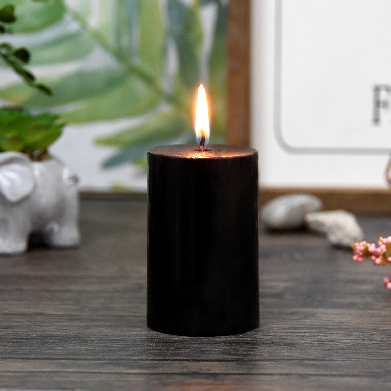 Oliva Unscented Pillar Candle, 1, 3" H x 2" W x 2" D, Black