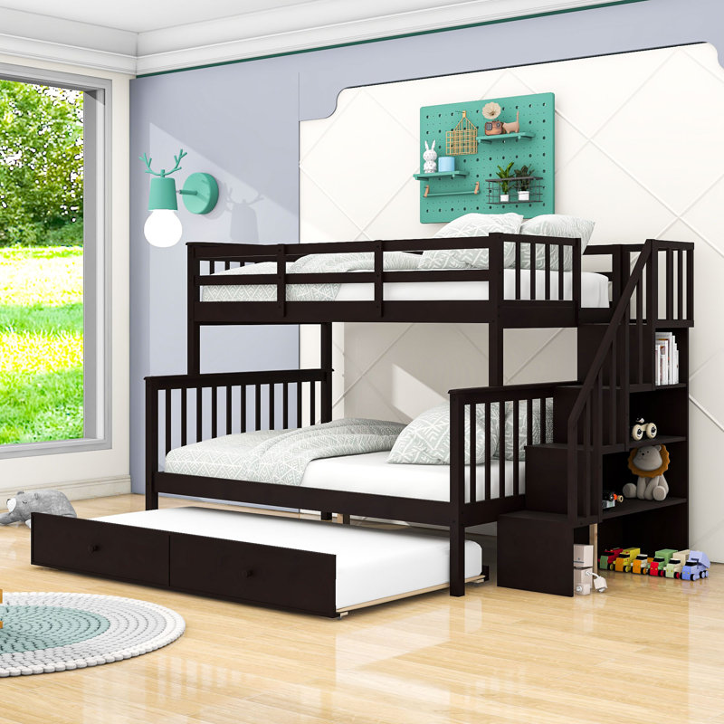 Lit superposé simple au-dessus d'un lit double en bois avec lit gigogne simple, Espresso