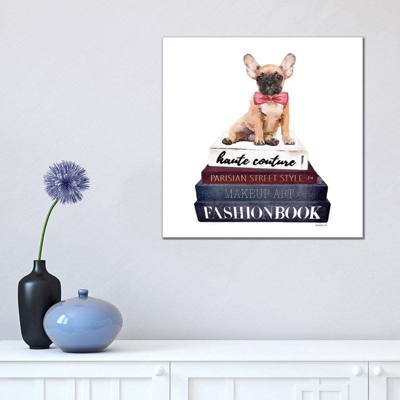 Stack Of Fashion Books With A French Bulldog by Amanda Greenwood - Wrapped Canvas Print, 45.72 cm H x 45.72 cm W x 3.175 cm D