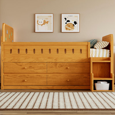 Lit double en bois avec lumière DEL, tiroirs de rangement, couleur bois