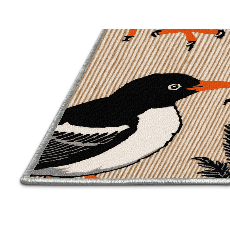 Washable Oriental Magpie Robin Birds Area Rug, Round 8'