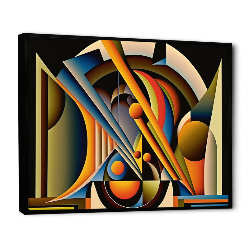 Circular Retro Dynamics I - Art mural encadré abstrait géométrique, L 20 po x H 12 po, Cadre flottant noir