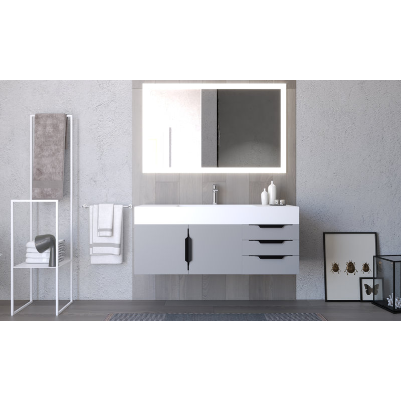 Meuble-lavabo mural simple 48 po avec comptoir à surface solide - base grise, plateau blanc, poignées noires, Blanc, Gris