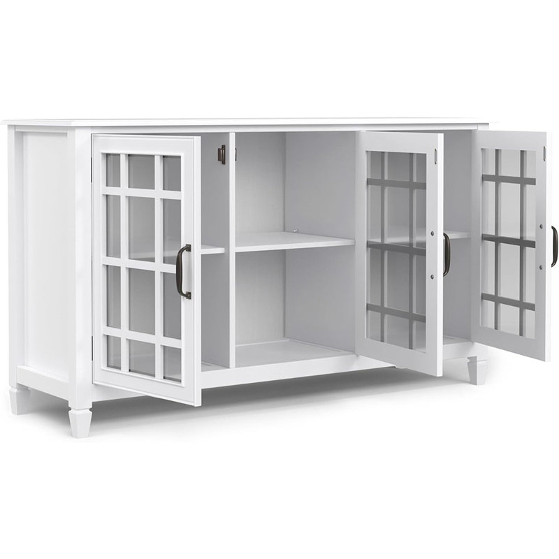 Buffet en bois massif Connaught - Buffet traditionnel avec portes en verre, tablettes réglables et pieds crantés pour la salle à manger, l'entrée ou le salon, blanc