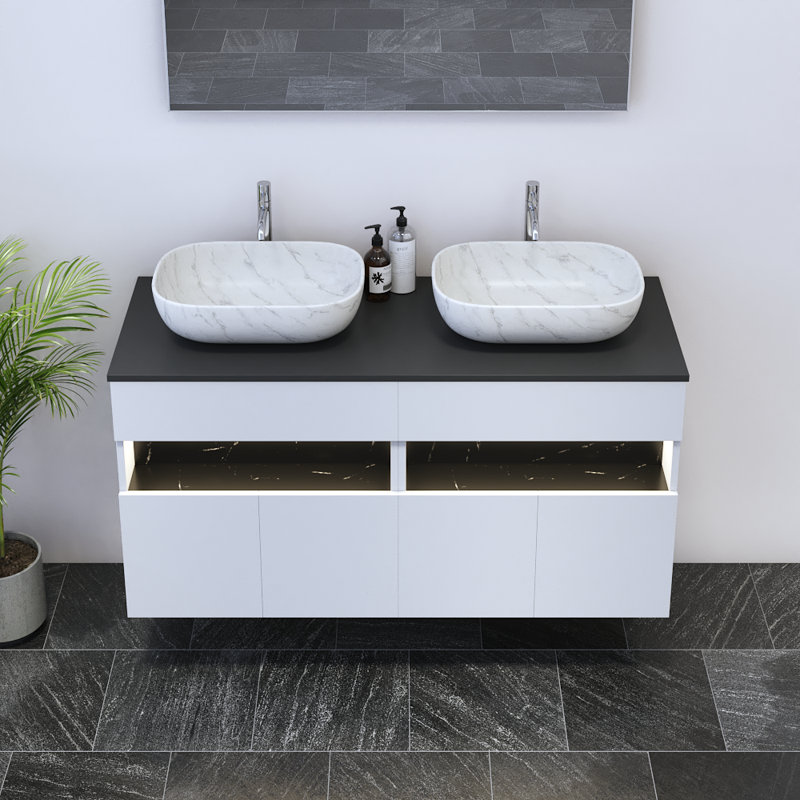 Meuble-lavabo double 47,2 po avec comptoir Lieke, Noir, Blanc
