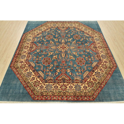 Tapis oriental traditionnel en laine bleue noué à la main 7 pi 10 po x 7 pi Kazak Kazak