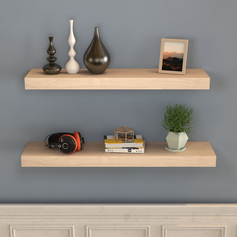 Chalissa 2 Piece Solid Wood Floating Shelf, 1.57" H x 36" W x 6" D, Natural Wood