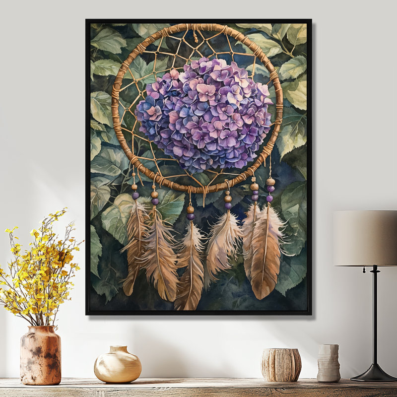 Art mural sur toile, "Altanger Hydrangea Dreamcatcher I", Noir, Reproduction avec cadre flottant, H 20 po x l 12 po