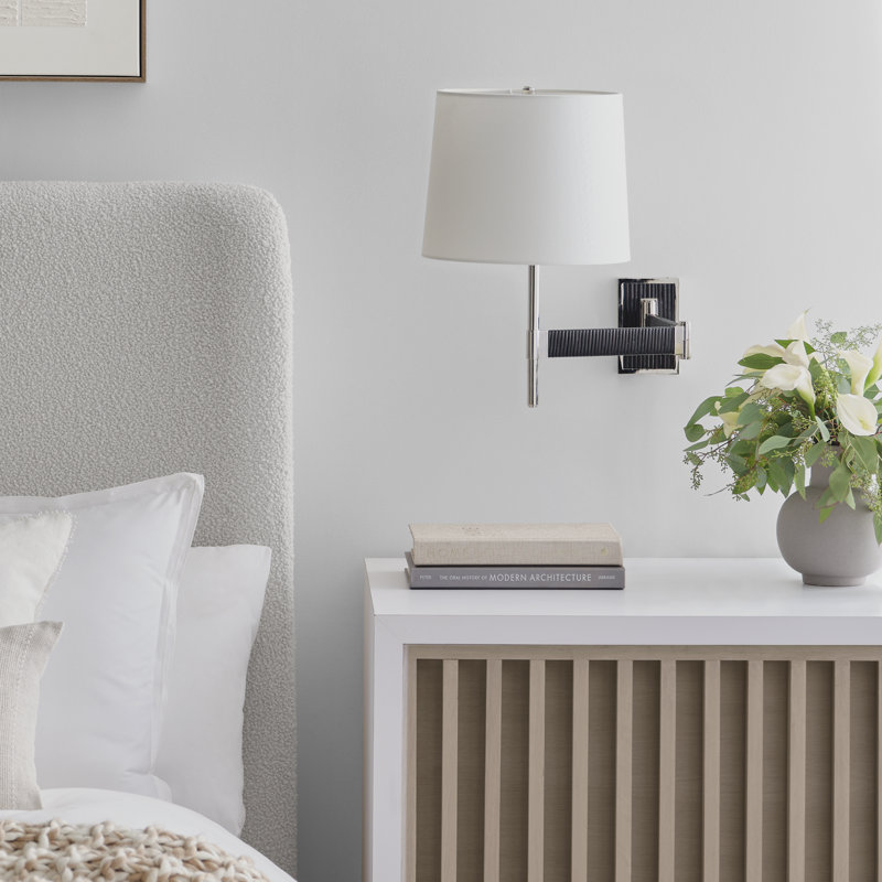Suzanne Kasler Elle Swing Arm Sconce, Polished Nickel/Black Rattan