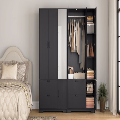 Garde-robe 4 portes avec miroir, garde-robe à DEL avec portes et 2 tiroirs, armoire de rangement en bois avec tringle, tablettes réglables, noir
