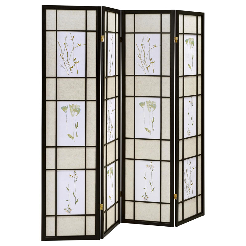 Beige and Black Floral Print 4-Panel Folding Screen