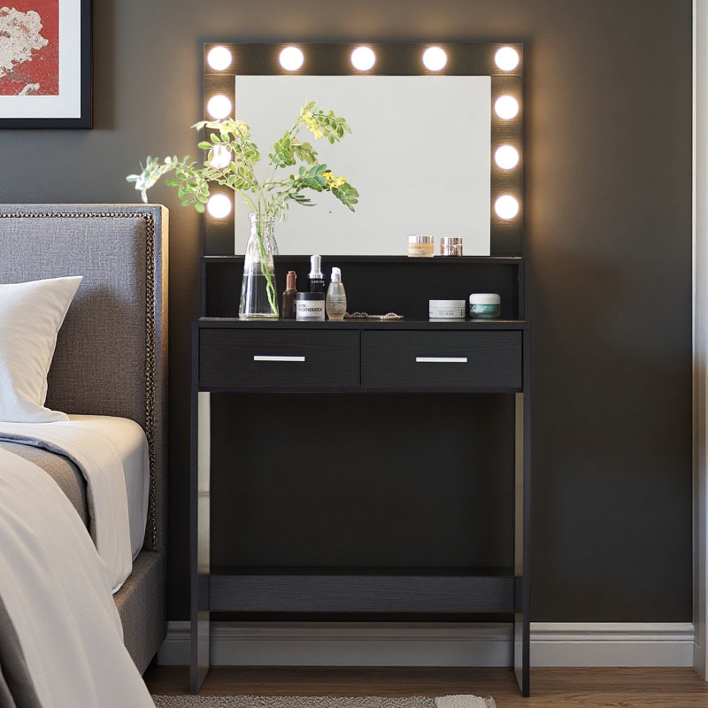Vanity Desk With Mirror And Lights, Dressing Table With Large Drawer, 2 Level Storage Dresser & 3 Lighting Modes Adjustable Brightness, Suitable For Bedroom