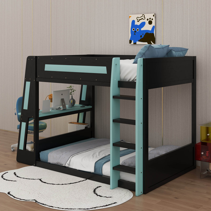 Full Size Wooden Gaming Bunk Bed With Desk,USB And LED Light, Full, Black/Blue