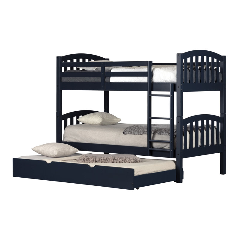 Blue Twin Pine Wood Bunk Bed with Trundle and Drawers