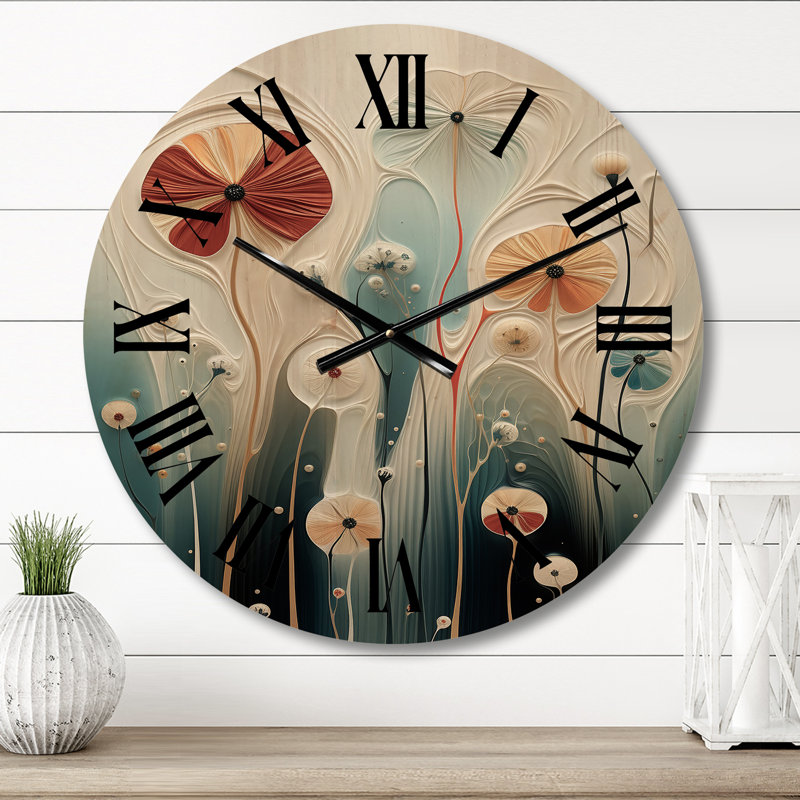Contemporary White Flower On Teal I - Abstract Botanicals Oversized Wood Wall Clock, Moyenne