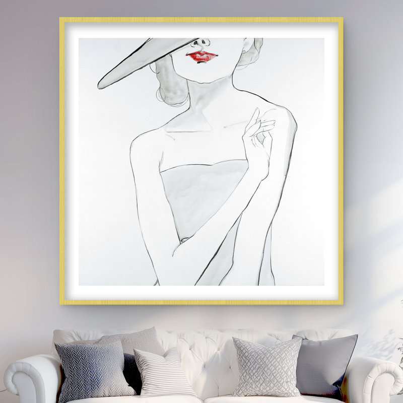 «Woman with Hat - Fashion Romantic», impression encadrée avec passe-partout