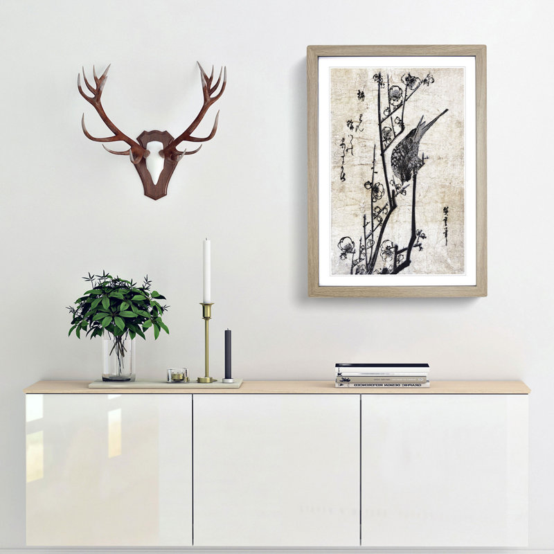 Sketch of a Bird upon a Branch by Utagawa Hiroshige - Picture Frame Drawing Print, Oak Framed, 48cm H x 36cm W x 2cm D