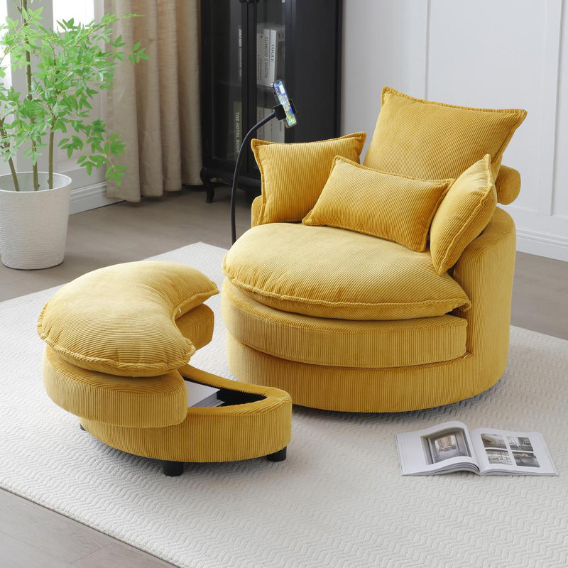 Fauteuil demi-tonneau pivotant à 360 ° Moderne et confortable, Velours côtelé moutarde