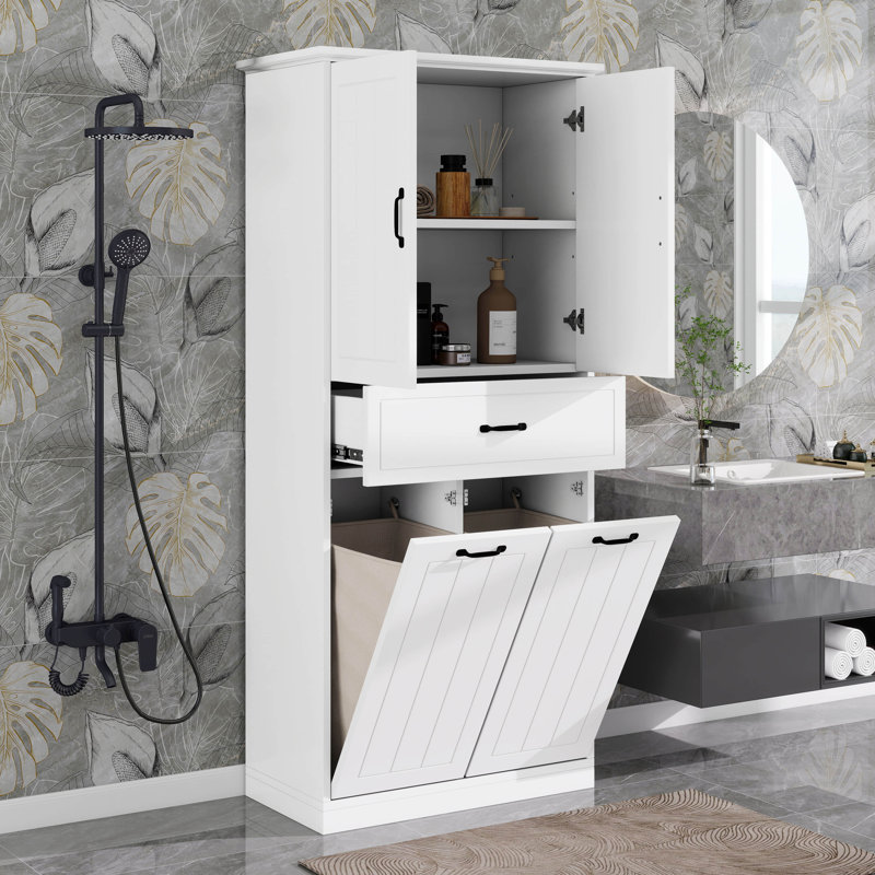 Tall Bathroom Storage Cabinet With Doors And Drawer, Storage Cabinet With Two Removable Laundry Basket, Adjustable Shelf