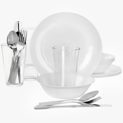 Ensemble 24 pièces de vaisselle et de couverts en verre opale 24 pièces en blanc