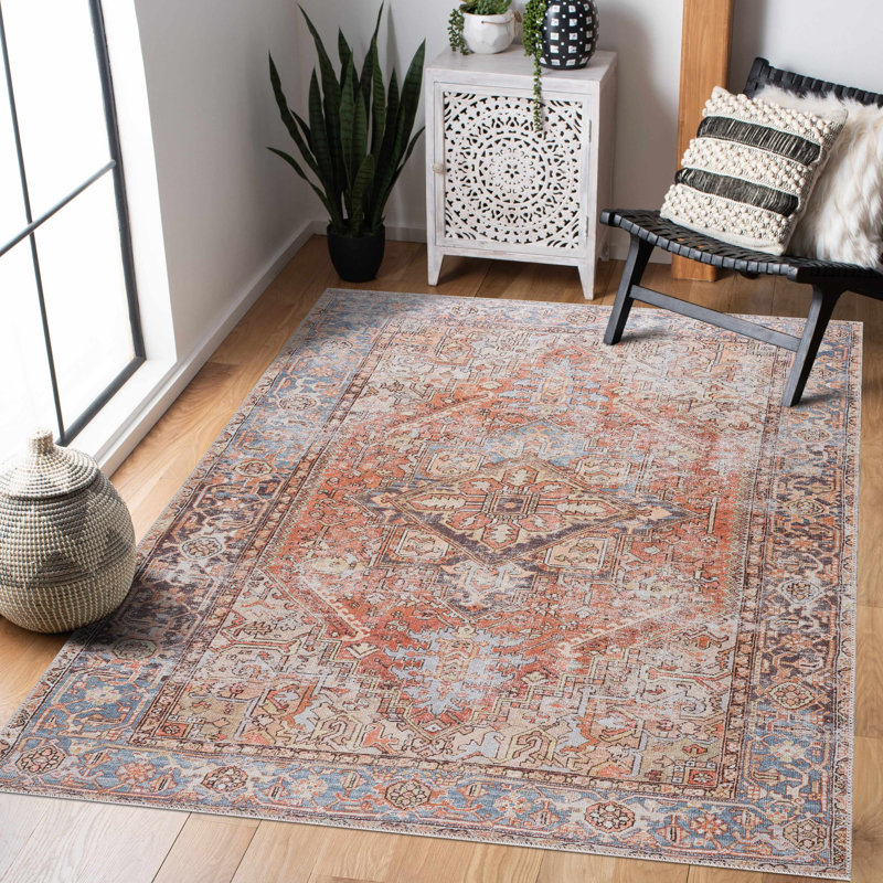Eira Light Blue and Rust Polyester Washable Area Rug