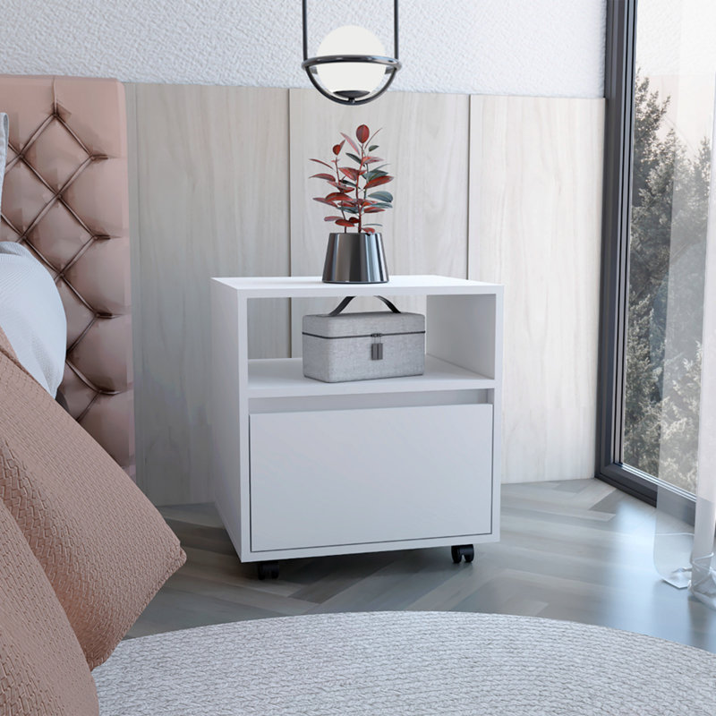 Table de chevet, table de bout, roulettes de table d'appoint, tiroir simple, Blanc
