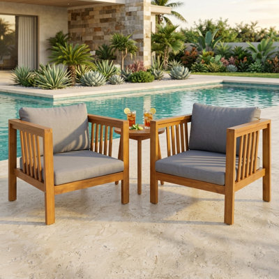 Fauteuil club d'extérieur en bois d'acacia et ensemble de conversation de patio 2 pièces, chaises de patio modernes à accoudoirs carrés avec coussins épais gris ou beiges, chaise longue simple ou ensemble de 5 fauteuils en bois avec pieds réglables pour terrasse et cour