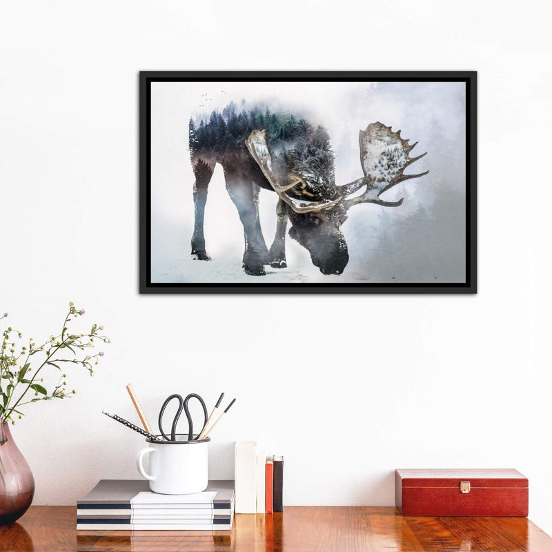 «Nature Moose» par Paul Haag - impression d'art graphique, H 18 po x l 26 po x P 1,5 po, Toile avec cadre noir patiné