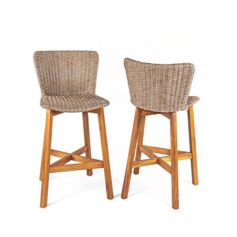 Lymington Outdoor Bar Stool, Teak Finished Wood With Light Brown Wicker, Set Of 2, Light Brown