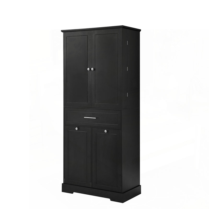 Armoire de salle de bain autoportante polyvalente avec plusieurs compartiments, Noir