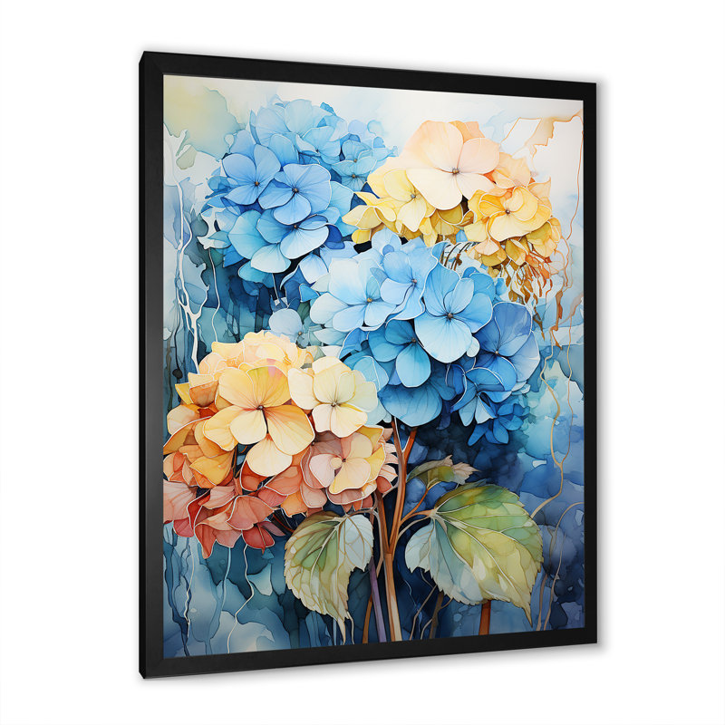 Hydrangea Blooms en bleu et jaune, reproduction sur toile, Cadre photo noir, H 32 po x l 16 po x P 1 po