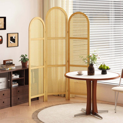 Paravent à 3 panneaux avec cadre en bois de pin et canne naturelle - Paravent moderne d'inspiration japonaise