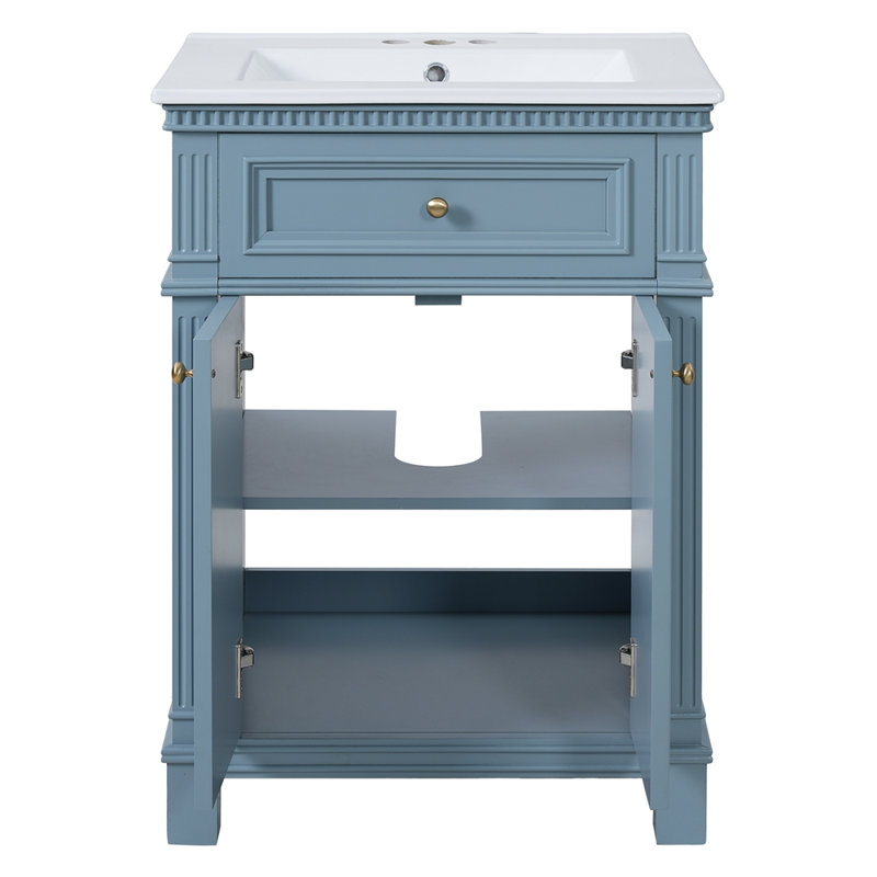 Armoire de salle de bain 24 po avec portes à fermeture douce et tablette réglable, meuble-lavabo avec lavabo en céramique