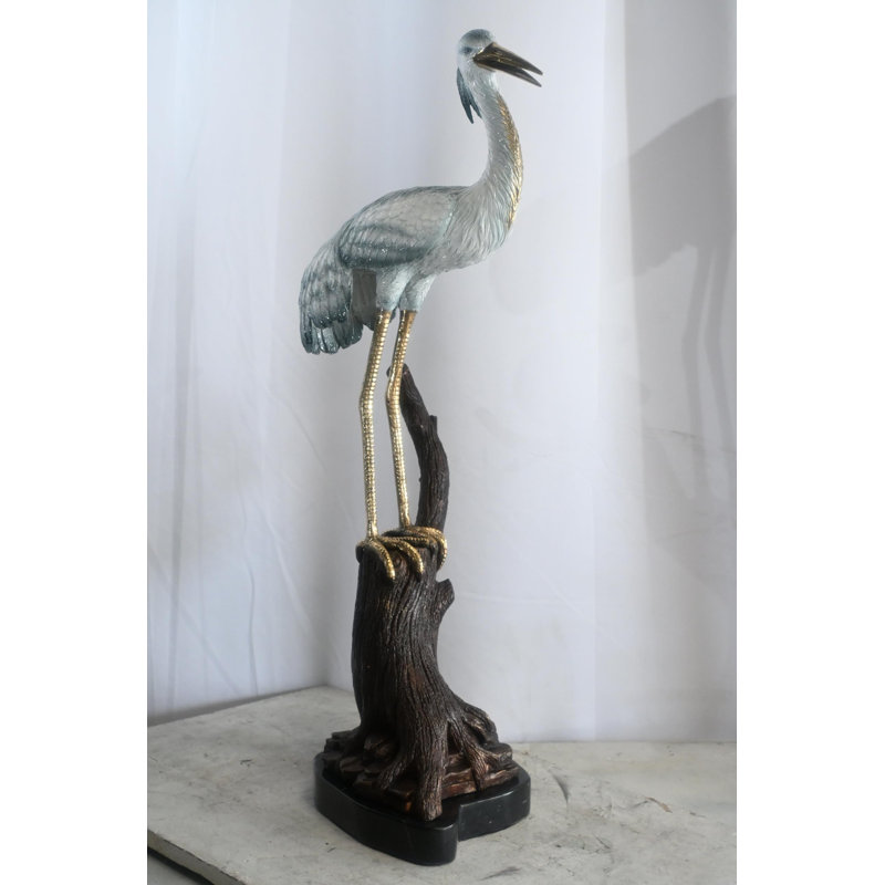 Sculpture bronze en forme de héron sur base de marbre en bois flotté 17 po x 17 po x H 37 po
