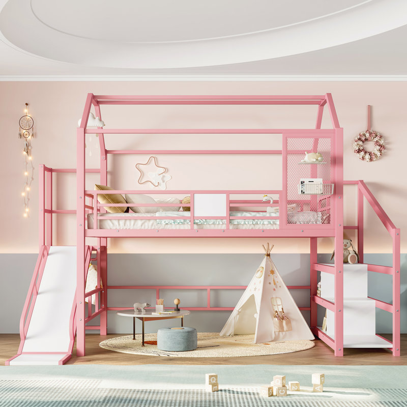 Lit mezzanine double en métal avec glissade et escalier en forme de maison, lit maisonnette avec tablettes de rangement, rose sans bruit
