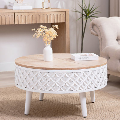 Table basse ronde avec rangement - table d'appoint relevable de 31,5 po, mobilier de salon style campagne moderne Boho, base sculptée blanche avec plateau en bois naturel