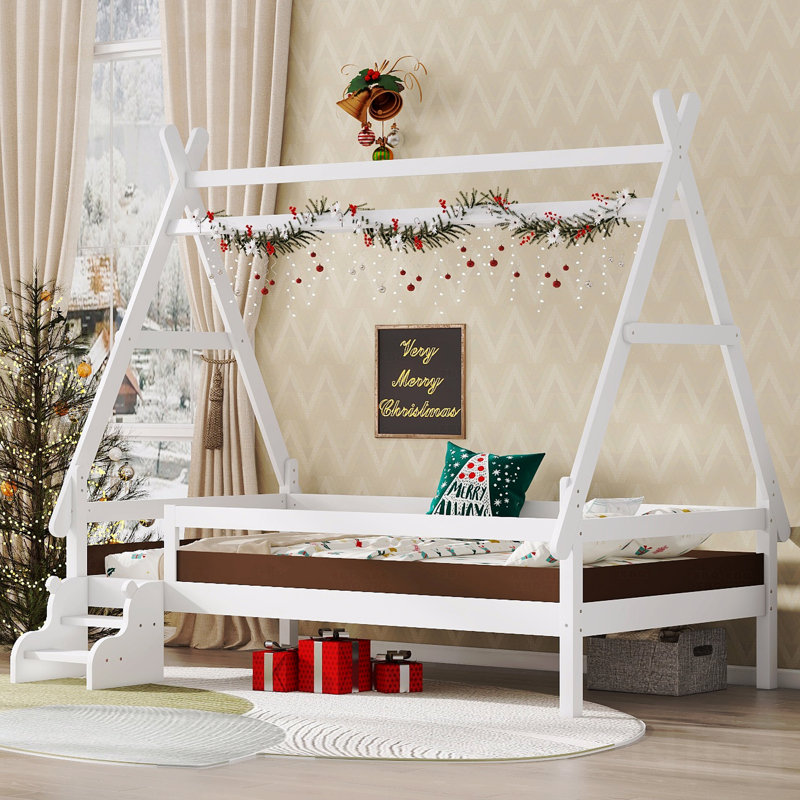 Twin House Platform Bed Frame With Stairs, Solid Wood Materialen Frame Material Twin Bed Frame, Lowith Profile And Childlike Fun Design