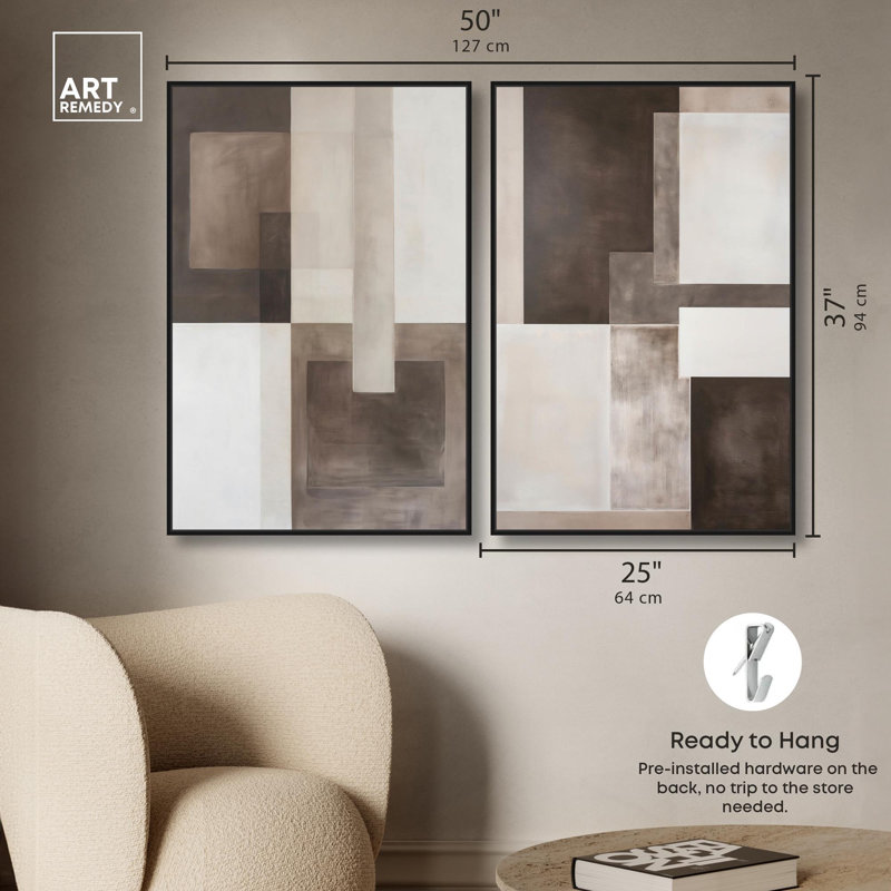 «Tonal Intersection Set», ensemble de 2 boho par Art Remedy, H 36 po x l 24 po, Cadre flottant noir