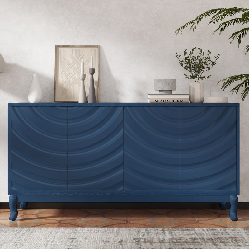 Buffet à quatre portes avec motif ondulé sophistiqué - salon, meubles de rangement spacieux, lignes, Marine