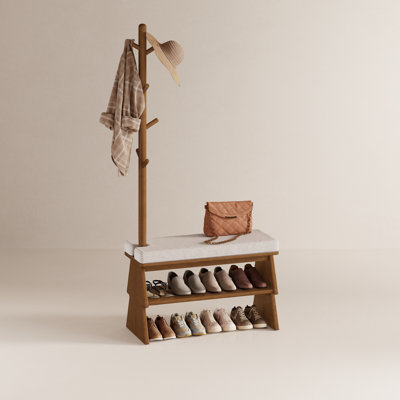 Addisin Adryell Solid Wood Entryway Shoe Bench with Coat Rack, Cushioned Seat & Double Shoe Storage Shelves